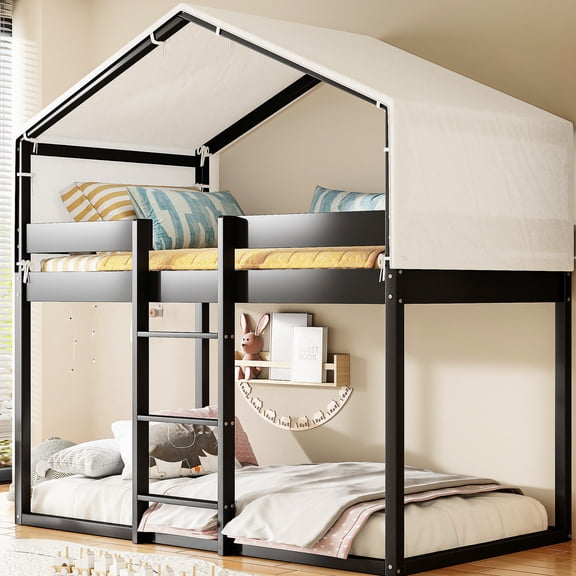 Twin Over Wood Bunk Bed With Tent In , Build, Playhouse Inspired Fun For ' Bedroom Decoration Materials, Sleeping And Playing