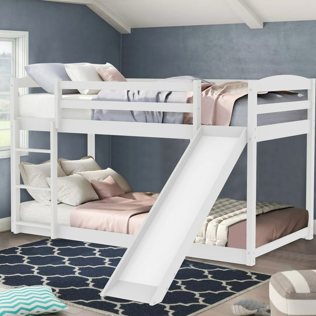 Twin Over Twin Wooden Bunk Bed with Convertible Slide and Durable