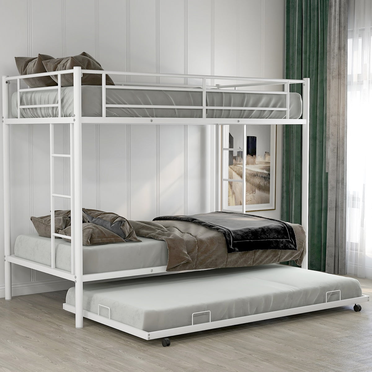 Twin Over Twin bunk with Trundle Modern Style Bed Easy Assembly Quick