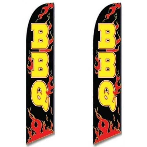 Twin Pack Full Sleeve Swooper Flags BBQ Black w Yellow Text & Red Flames
