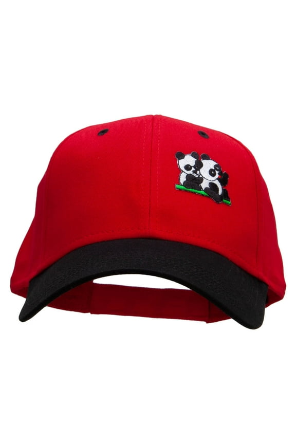 Twin Panda Bear Patched Two Tone Cotton Twill Low Profile Strap Cap - Black Red OSFM