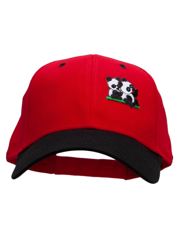Twin Panda Bear Patched Two Tone Cotton Twill Low Profile Strap Cap - Black Red OSFM