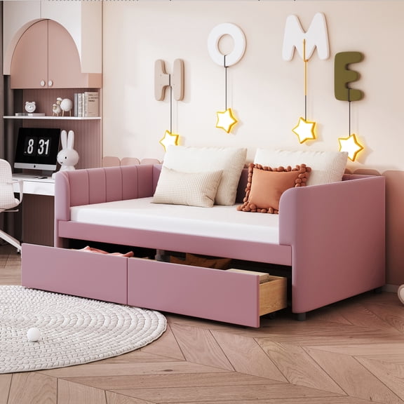 Twin Pink Velvet Daybed - Latest Ergonomic Design - Bedroom Setup - Drawer Storage for Items