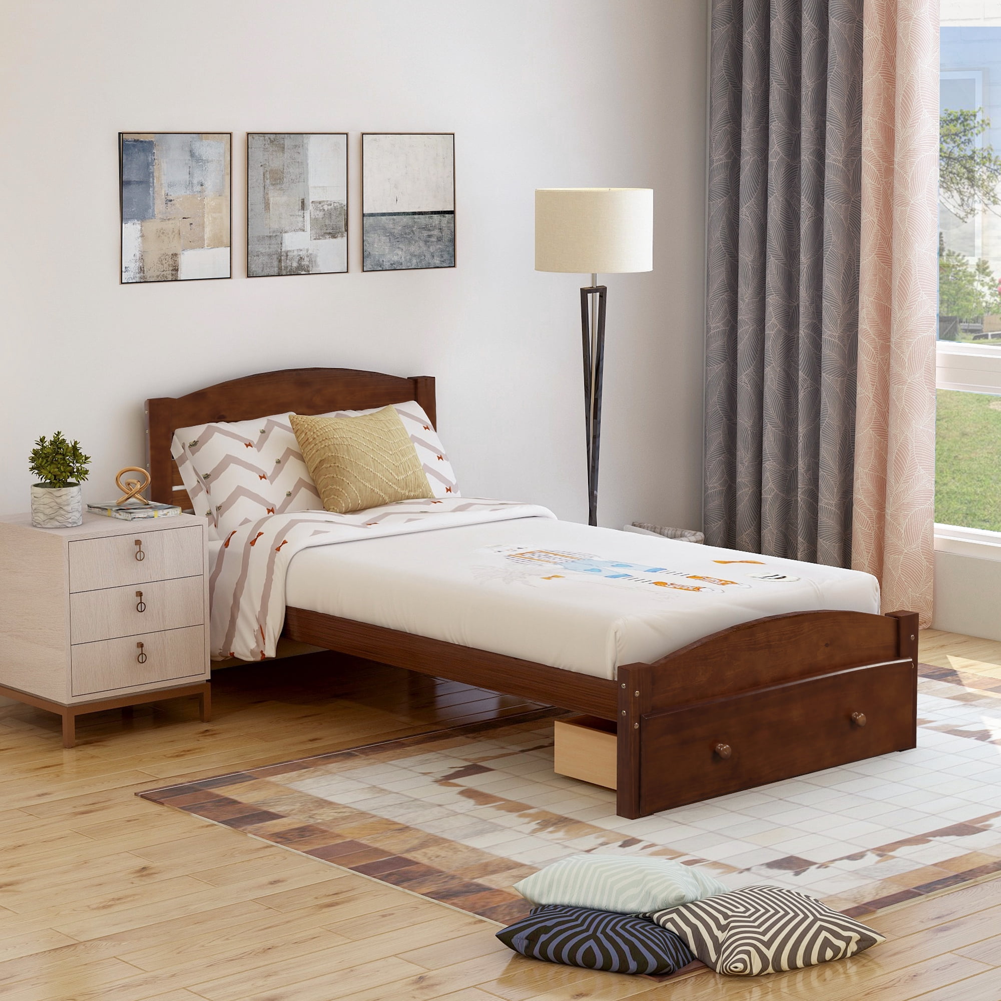 Hommoo Twin Platform Bed, Bed Frame with Storage Drawer and Wood Slat Support, Walnut