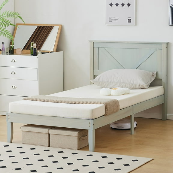 Twin Platform Bed Frame with Headboard, UHOMEPRO Solid Wood Twin Size Bed Frame for Teens Aduls, 450LBS Weight Capacity, No Box Spring Needed, Gray