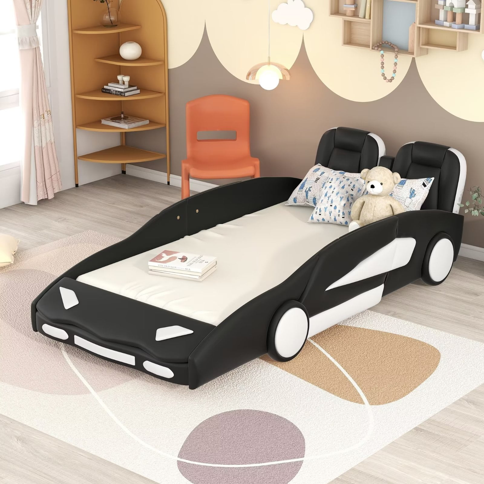 Twin Platform Bed Frame Low Race Car Shaped Floor Bed with PU Upholstered Headboard and Safety Guard Board Modern Daybed Kids Bed with Wheels No