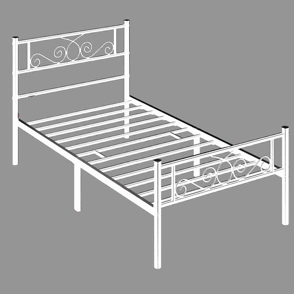 Twin Platform Bed Frame Metal with Scroll Design Headboard Footboard, No Squeak 12 Slats Support No Box Spring, Space Saving Underbed Storage for Small Rooms, White