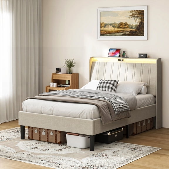 Twin Size Metal Platform Bed Frame with Upholstered Headboard and Wooden Slats Support