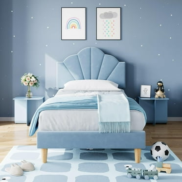 Twin Platform Bed Frame,Velvet Upholstered Platform Bed Frame with Height Adjustable Headboard,Wood Slat Support,No Box Spring Required,Easy to Assemble,Blue