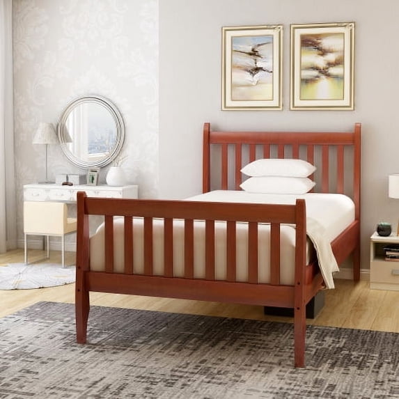 Twin Platform Bed Frame, Wood Twin Size Bed Frame, Platform Bed with Headboard & Footboard and Solid Wood Slat Support, No Box Spring Needed (Walnut)