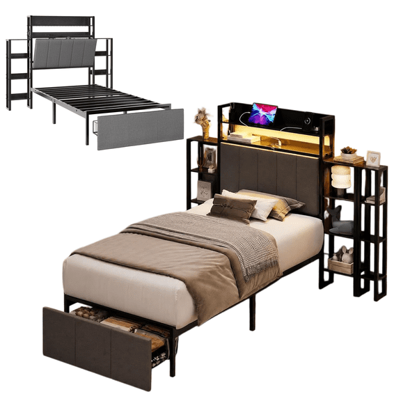 Twin Platform Bed Frame with Hidden Headboard Storage, LED Lights, Charging Station, Side Shelves, Pull-Out Footboard Storage - Black