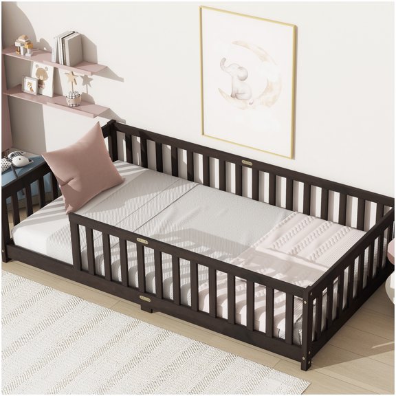 Twin Platform Bed Frame with Safety Rails, Low Profile Design, Espresso Finish, Wood Slats Support