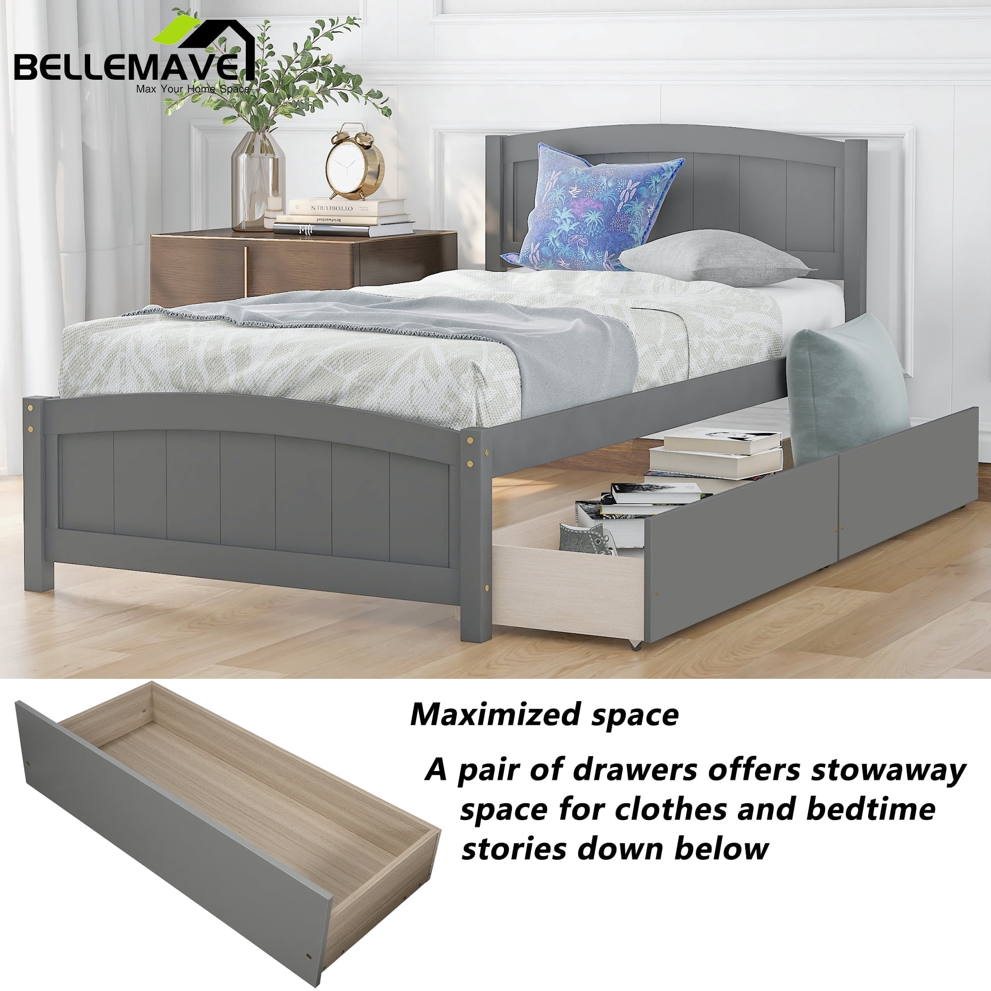 Twin Platform Bed Frame with Storage Drawer, Twin Bed Frames with Headboard and Slats, Twin Size Platform Bed Frame(Gray)