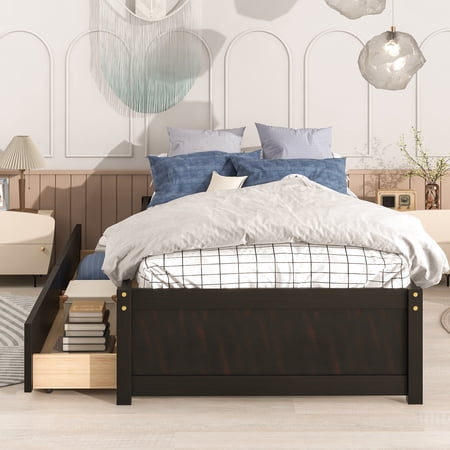 Twin Platform Bed Frame with Storage Drawers, Espresso Twin Size Bed Frame with Solid Slats and Under Bed Drawers, No Box Spring Needed