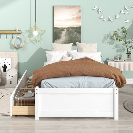 Twin Platform Bed Frame with Storage Drawers, White Twin Size Bed Frame with Solid Slats and Under Bed Drawers, No Box Spring Needed