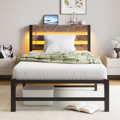 Twin Platform Bed Frame with Storage Headboard, Industrial Retro Bed with RGB Lights and Charging Station, No Box Spring Needed, Rustic Brown