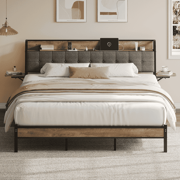 Vefurn King Platform Bed Frame with Storage Headboard, Charging Station, LED Lighting, Black