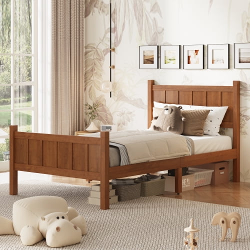 Twin Platform Bed with Headboard and Footboard – No Box Spring Needed, Minimalist Wood Grain Finish, Shaker & Farmhouse Style, Modern Twin Size Flat Panel Bed Frame, Dark Walnut
