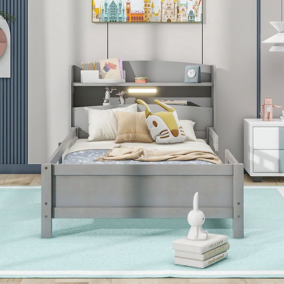 Twin Platform Bed with LED Headboard, Antique Gray Wood Bed Frame with Storage Shelves and Guardrail, Space Saving Bed for Small Bedroom, No Box Spring Needed