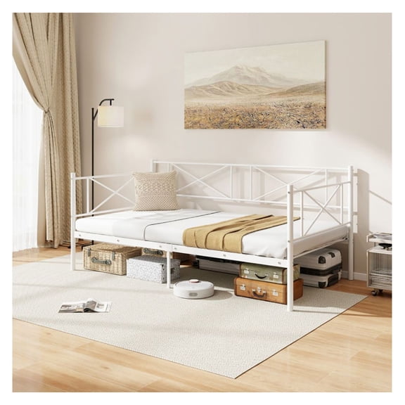 Twin Platform Bed with Metal Slat Support, Daybed & Sofa Combo, Under Bed Storage, Heavy Duty 485lbs Capacity, Modern Metal Frame for Guest Room, Small Space, White/Black