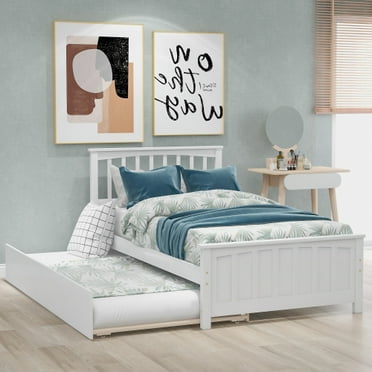 Twin Platform Bed with Trundle, Solid Wood Daybed Bed with Hight Headboard ans slats,No Box Spring Needed, Twin Wood Bed Frame or Kids Teens Guests Bedroom Living Room Furniture