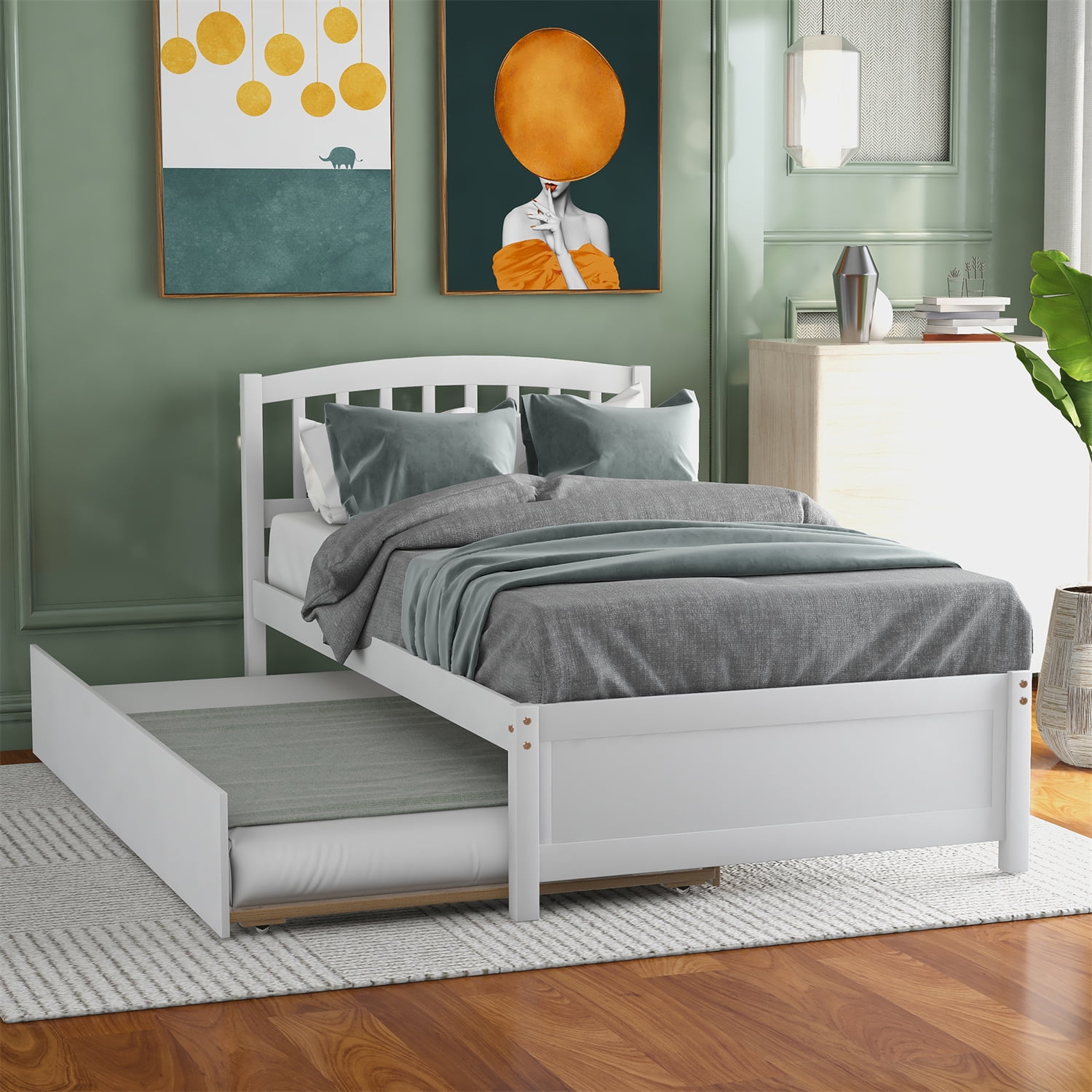 Twin Platform Bed with Trundle, Solid Wood Bed Frame with Headboard for Teens Boys Girls, 10 Wood Slats Support, 275LBS Capacity, No Box Spring Needed, White Twin Bed