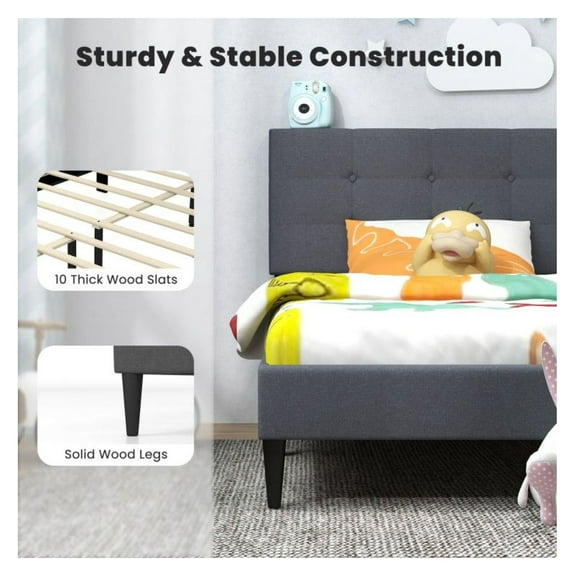 Twin Platform Bed with Upholstered Headboard, Button Tufted Design, Solid Wood Slats, Under Bed Storage - Bedroom Furniture for Guest Room, Dorm, Apartment - Gray/Blue