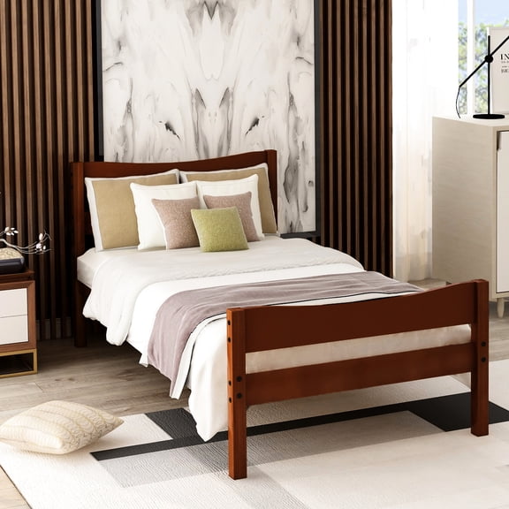 Twin Platform Bed With Headboard In Walnut, Solid Wood Stable Slat Headboard, Crafted Walnut Finish