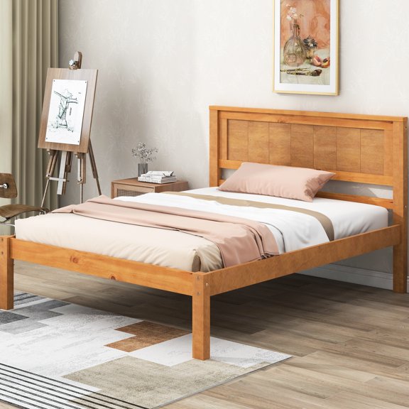 Twin Platform Bed With Headboard, Unwavering Wood Slat Structure, No Box Spring, Oak Frame Support, Spring