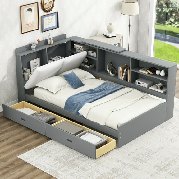 Twin Platform Bed With Storage Headboard, Shelves, 2 Drawers In Gray Elegance Headboard Storage, For