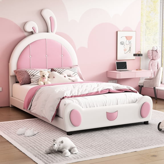 Twin Platform Bed With Sweet Rabbit Headboard - Wood Frame White And Pink Upholstered Adorable Build