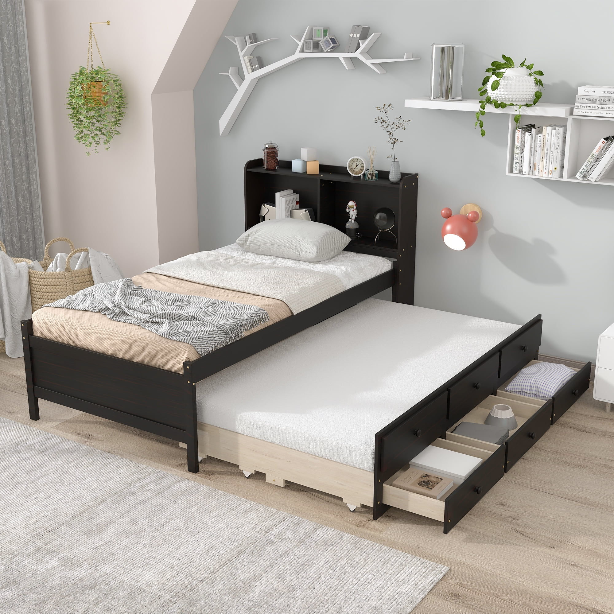 Twin Platform Bed with Bookcase Espresso Twin Trundle Bed and 3 Drawers Solid Wood Bed Frame for Kids Teens Walmart