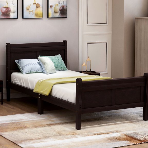 Twin Platform Bed with Integrated Headboard and Footboard Made of Solid Wood for Bedroom Decoration