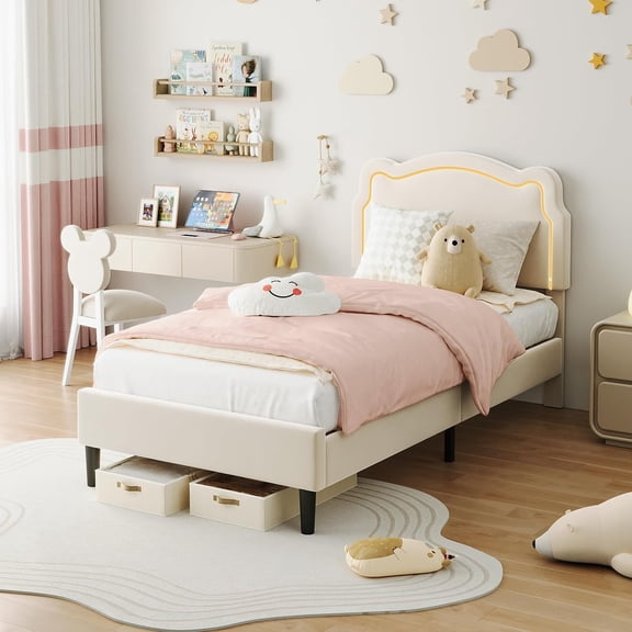 Twin Platform Bed with LED Lights No Box Spring Velvet Upholstered for Girls Princess Room