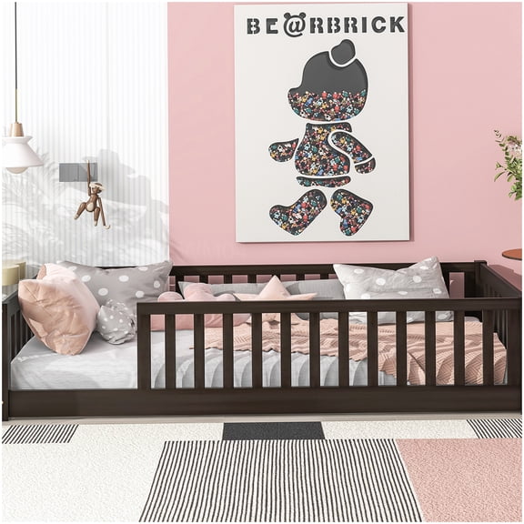 Twin Platform Bed with Safety Rails, Low Profile Minimalist Design, Solid Wood Frame in Espresso