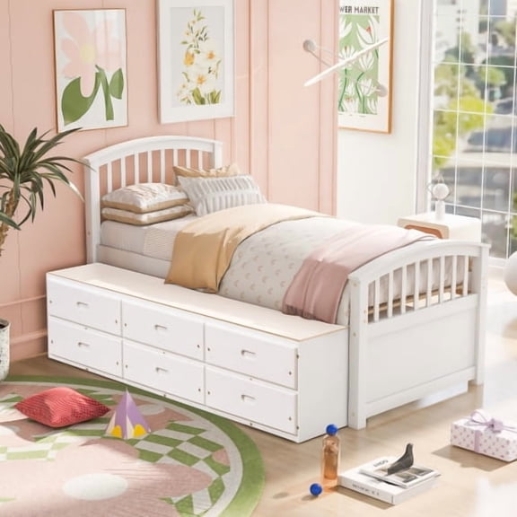 Twin Platform Bed with Storage, Solid Wood Bed Frame with 6 Drawers, Modern Farmhouse Bedroom Furniture for Guest Room, White