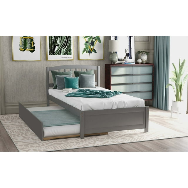 Twin Platform Bed with Trundle, Minimalistic Stylish Wood Bed Frame, Easy to Install,Gray