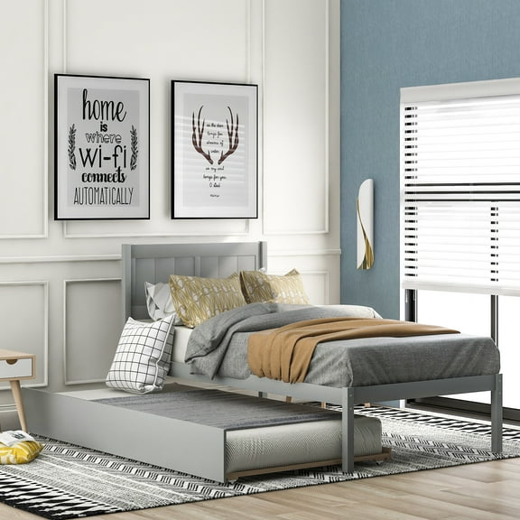 Twin Platform Bed with Trundle, SESSLIFE Pine Wood Bed Frame, Space Saving Design and Minimalist Appearance (Gray)