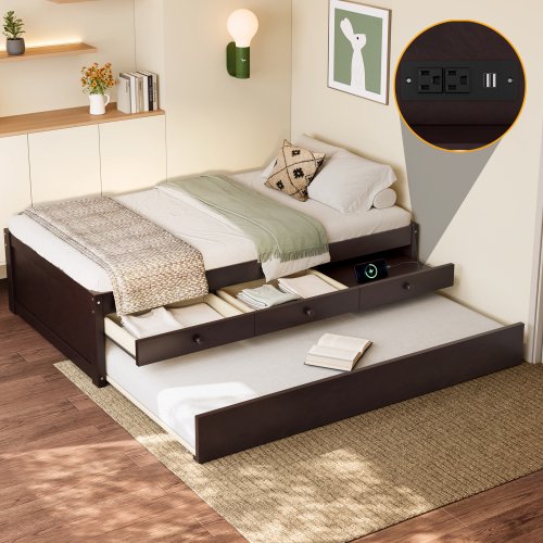 Twin Platform Bed with Trundle and Drawers, Solid Wood Storage Bed with Power Strip, Modern Minimalist Bed Frame with Pull Out Bed, Espresso