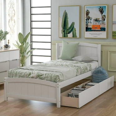 Twin Platform Bed with Two Storage Drawers Wood Bed Frame with Headboard Twin Storage Bed Wood Slat Support No Box Spring Needed Easy Assembly