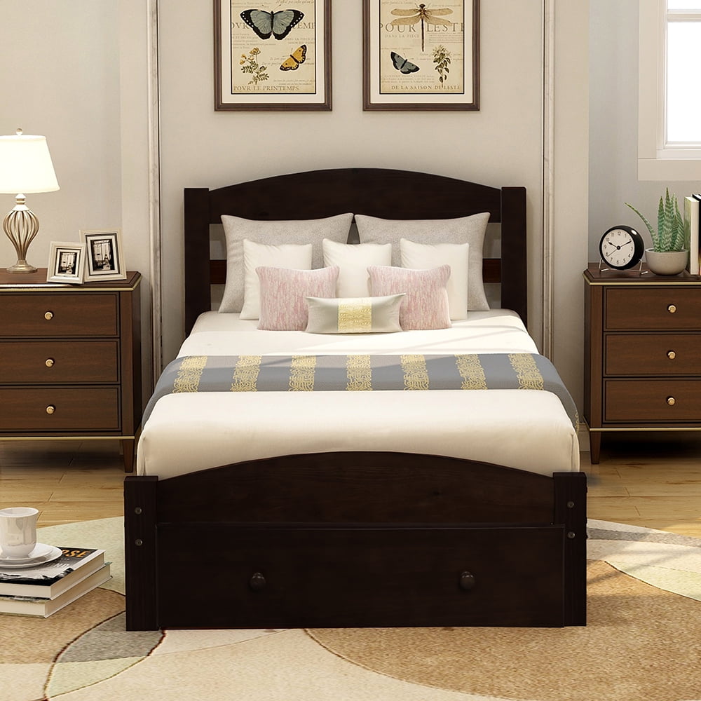 Twin Platform Beds with Storage Drawers, Wood Bed Frame with Slat Support, Espresso Twin Platform Beds with Storage Drawers, Wood Bed Frame with Slat Support, Espresso