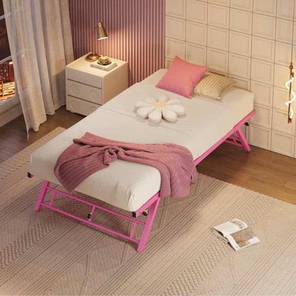 Twin Pop-Up Trundle Bed Frame, Sturdy Collapsible Metal Platform, Lockable Casters, Space-Saving Guest Solution, Ideal for Bedroom or Guest Room
