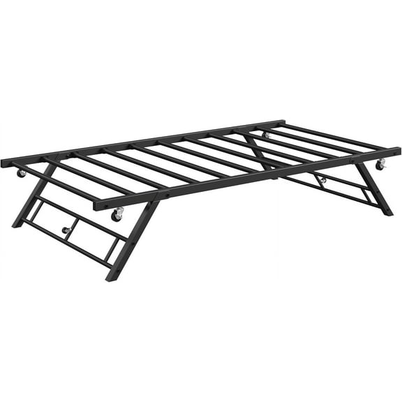 Twin Pop Up Trundle Bed Frame,Trundle Day Bed with Lockable Casters,Foldable Metal Platform,Black