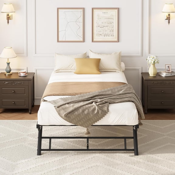 Twin Pop Up Trundle Bed Frame with Lockable Casters Foldable Metal Platform for Sleepovers and Extra Space