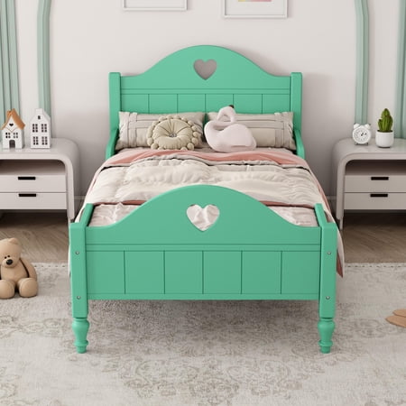 Twin Princess Bed Frame with Headboard and Footboard, Wood Twin Size Bed Frame with Side Safety Rails, Platform Twin Bed Frames for Girls, No Box Spring Needed, Macaron Blue
