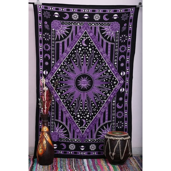 Twin Psychedelic Celestial Burning Sun Moon Planet Bohemian Tapestry Wall Hanging Dorm Decor Boho Tapestries Hippie Hippy Puprle Tapestry Beach Coverlet