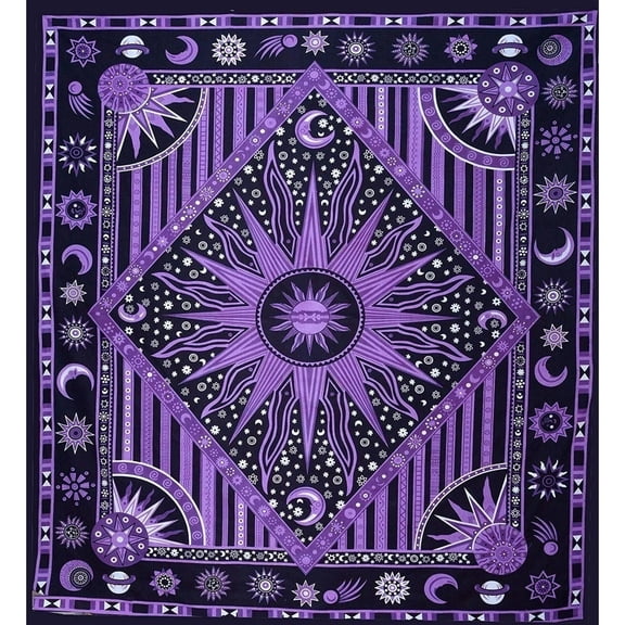 Twin Psychedelic Celestial Burning Sun Moon Planet Bohemian Tapestry Wall Hanging Dorm Decor Boho Tapestries Hippie Hippy Puprle Tapestry Beach Coverlet 80x60inch
