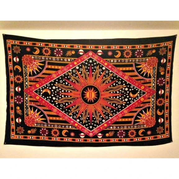 Twin Psychedelic Celestial Burning Sun Moon Planet Bohemian Tapestry Wall Hanging Dorm Decor Boho Tapestries Hippie Hippy Yellow Red Tapestry Beach Coverlet 30x40in