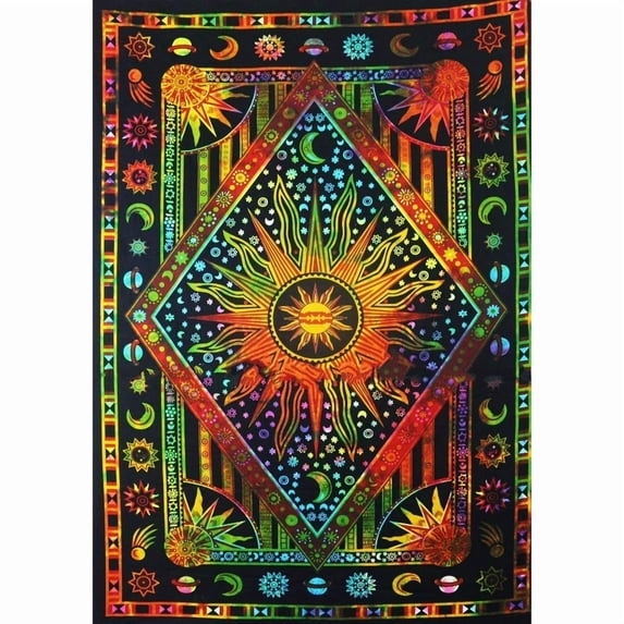 Twin Psychedelic Celestial Burning Sun Moon Planet Bohemian Tapestry Wall Hanging Dorm Decor Boho Tapestries Hippie Hippy Yellow Red tie dye Tapestry Beach Coverlet 90x60 inch