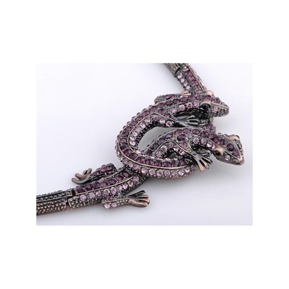 Twin Purple Crystal Rhinestone Lizard Reptile Pair Necklace Earring Set